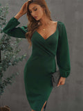 Wrapped Bodice Bubble Sleeve Bodycon Mini Dress with Slit
