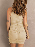Ribbed Drawstring Ruched Mini Dress with Slit