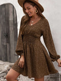 V Neck Balloon Sleeve Smocked Waist Printed Mini Dress