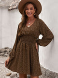 V Neck Balloon Sleeve Smocked Waist Printed Mini Dress