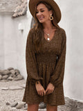 V Neck Balloon Sleeve Smocked Waist Printed Mini Dress