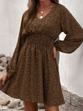 V Neck Balloon Sleeve Smocked Waist Printed Mini Dress