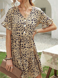 Leopard V Neck Ruffled Mini Dress with Buttons