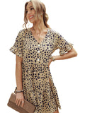 Leopard V Neck Ruffled Mini Dress with Buttons