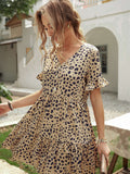Leopard V Neck Ruffled Mini Dress with Buttons