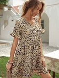 Leopard V Neck Ruffled Mini Dress with Buttons