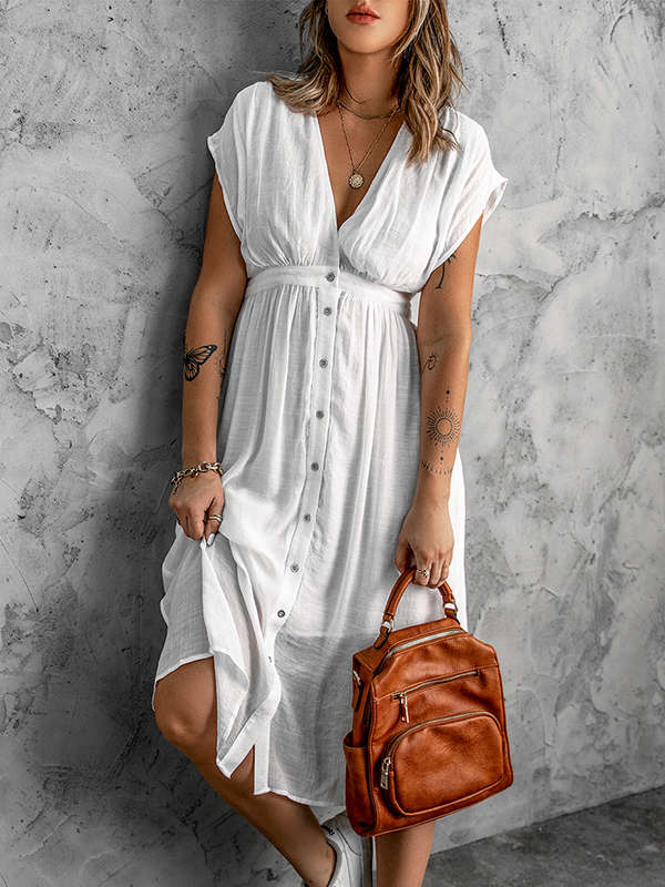 Buttons Front Solid Deep V Neck Midi Dress