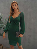 Wrapped Bodice Bubble Sleeve Bodycon Mini Dress with Slit