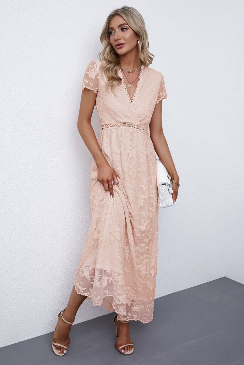 Sexy V Neck Empire Waist Lace Ankle Length Dress Cap Sleeves