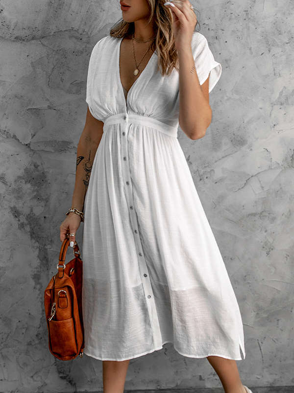 Buttons Front Solid Deep V Neck Midi Dress