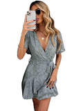 Sexy V Neck Lace Mini Dress Sashed with Short Sleeves