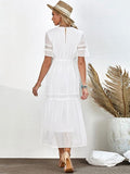 V Neck Empire Waist Lace Tea Length Dress with Sleeves