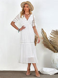 V Neck Empire Waist Lace Tea Length Dress with Sleeves