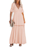 V Neck Empire Waist Lace Tea Length Dress with Sleeves