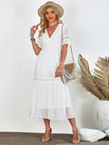 V Neck Empire Waist Lace Tea Length Dress with Sleeves