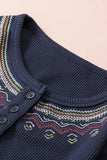 Navy Blue Embroidered Round Neck Waffle Top