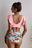 Floral Ruffled Hem High Waist Bikini Set