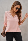 Pink Lace V Neck 3/4 Sleeves Blouse