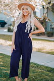 Dark Blue Spaghetti Straps Wide Leg Pocketed Jumpsuits