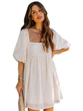 Square Neck Puff Sleeve Babydoll Style Short Mini Dress