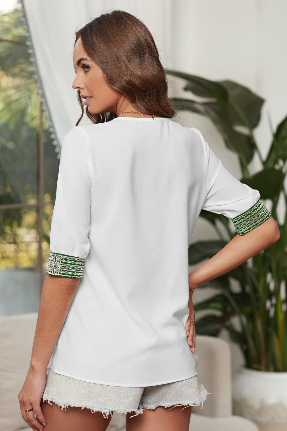 Deep V-neck Half Sleeve Embroidery Patch Blouse