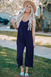 Dark Blue Spaghetti Straps Wide Leg Pocketed Jumpsuits