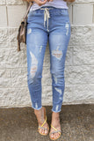 Drawstring Elastic Waist Hole Ripped Jeans