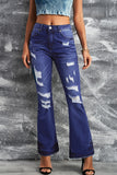 Distressed Mid Waist Ripped Flare Jeans