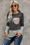 Stripe Pocket Sequins Splicing Long Sleeve O-neck Top