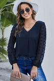 Swiss Dot V Neck Long Sleeve Blouse