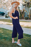 Dark Blue Spaghetti Straps Wide Leg Pocketed Jumpsuits