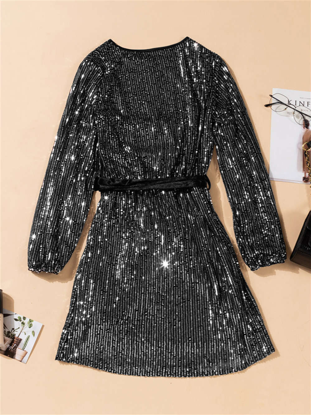 Sexy Loose Long Sleeve Sequin Mini Dress with Sash