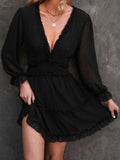 Layered Ruffled Open Back Puff Sleeve Swiss Dot Mini Dress
