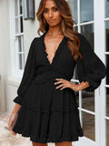 Layered Ruffled Open Back Puff Sleeve Swiss Dot Mini Dress