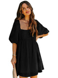 Square Neck Puff Sleeve Babydoll Style Short Mini Dress