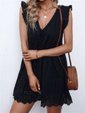 V Neck Ruffled Sleeves Perforating Babydoll Dress