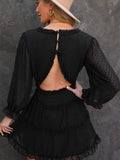 Layered Ruffled Open Back Puff Sleeve Swiss Dot Mini Dress