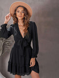 Deep V Neck Lantern Sleeve Knotted Tiered Mini Dress