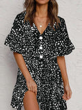 Leopard V Neck Ruffled Mini Dress with Buttons