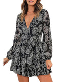 V Neck Baggy Sleeve Waist Tie Double Layer Ruffle Hem Floral Print Short Dress
