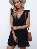 V Neck Ruffled Sleeves Perforating Babydoll Dress