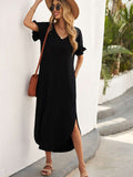 Loose Fit Cotton Blend V Neck Casual Maxi Dress with Slits