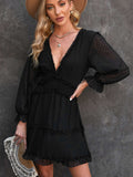 Layered Ruffled Open Back Puff Sleeve Swiss Dot Mini Dress