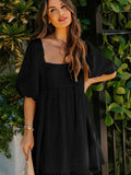 Square Neck Puff Sleeve Babydoll Style Short Mini Dress