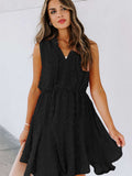 Split Neck Pom Pom Textured Flowy Mini Dress