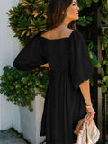 Square Neck Puff Sleeve Babydoll Style Short Mini Dress