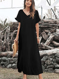 Loose Fit Cotton Blend V Neck Casual Maxi Dress with Slits