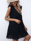 V Neck Ruffled Sleeves Perforating Babydoll Dress