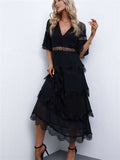 Swiss Dot Print See-through Lace Patch Layered Long Midi Dress