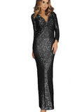 Long Sleeve V Neck Twist Ruched Sequin Prom Maxi Dress